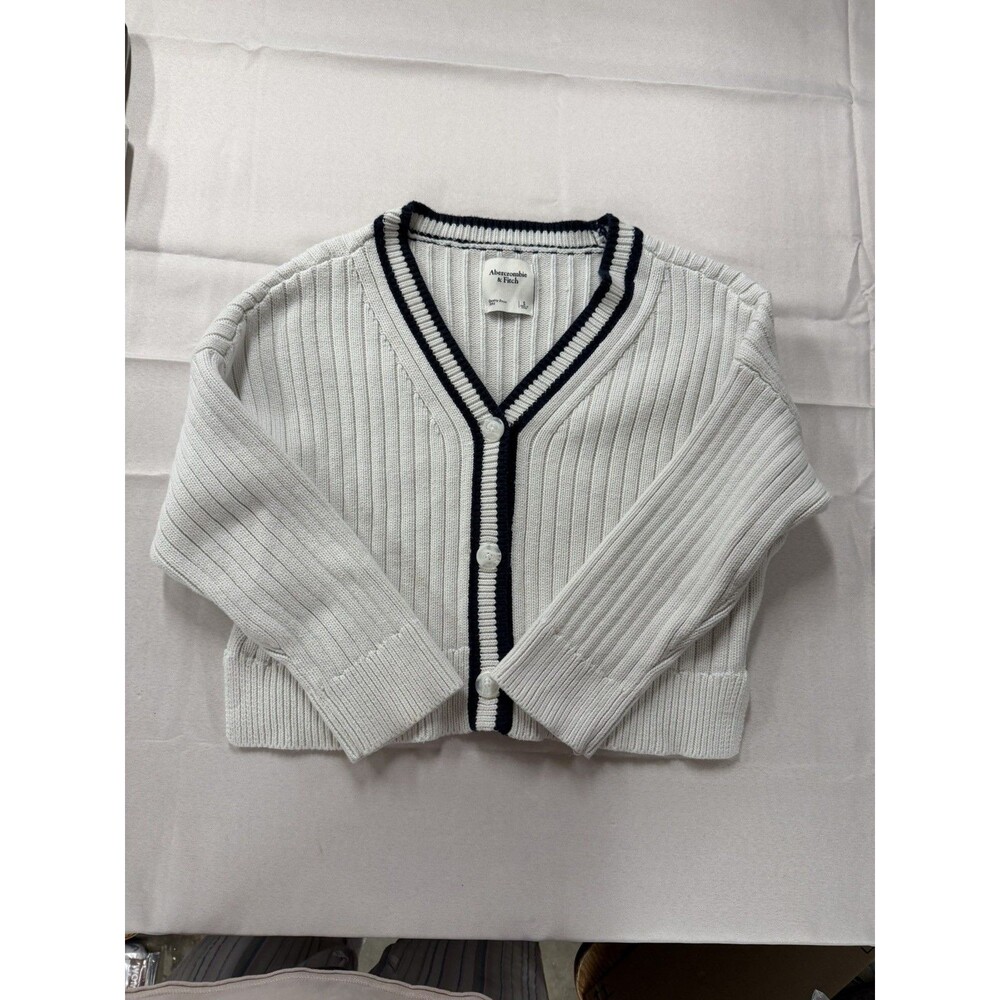 Abercrombie & Fitch Off White Navy Cropped Cardigan Button Up Sweater Rib  Sz S